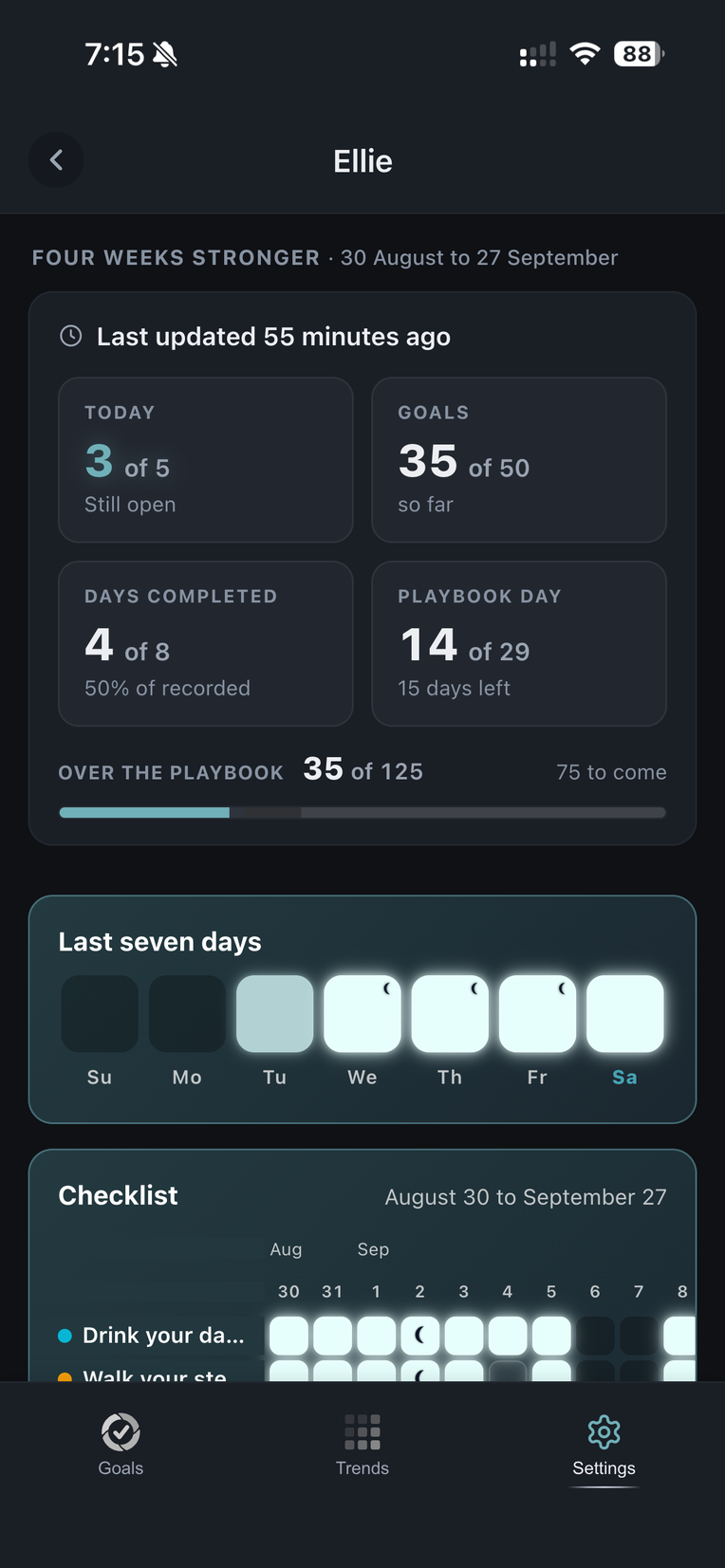 What the person who set the Playbook sees: three of five goals done today, thirty five of fifty so far, the last seven days, and a checklist of every date