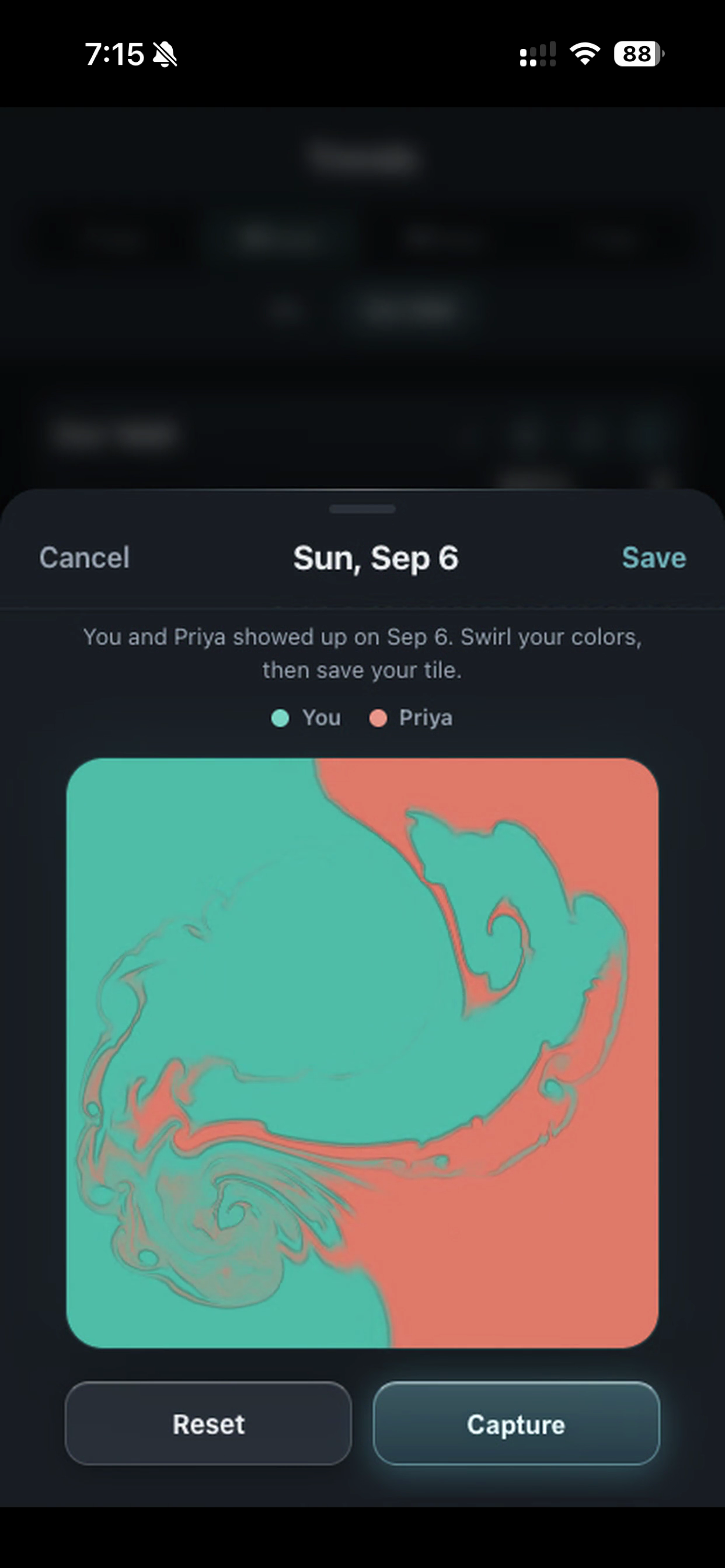 Mixing a shared wall tile in DailyQuad: two people's colors swirled together with a finger, ready to save as the day's tile